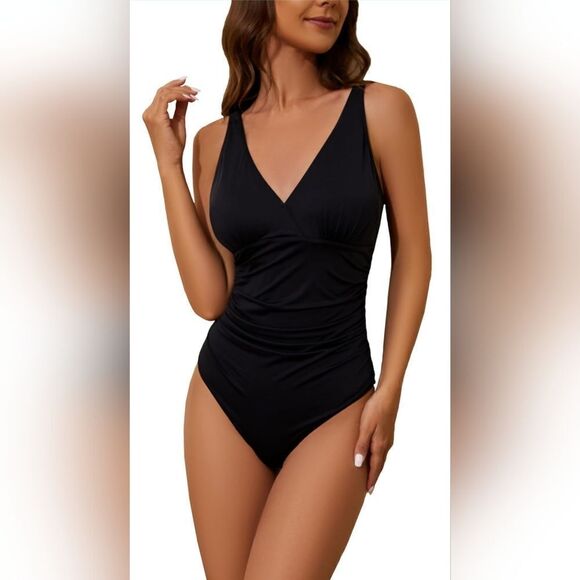 Aqua Regina V Neck One Piece Ruched Tummy Control Bathing Suit NWT size XL Black - Picture 1 of 5